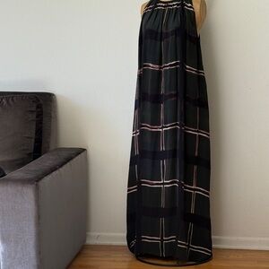 Laura Siegel sz S silk maxi dress dark green black square print great condition